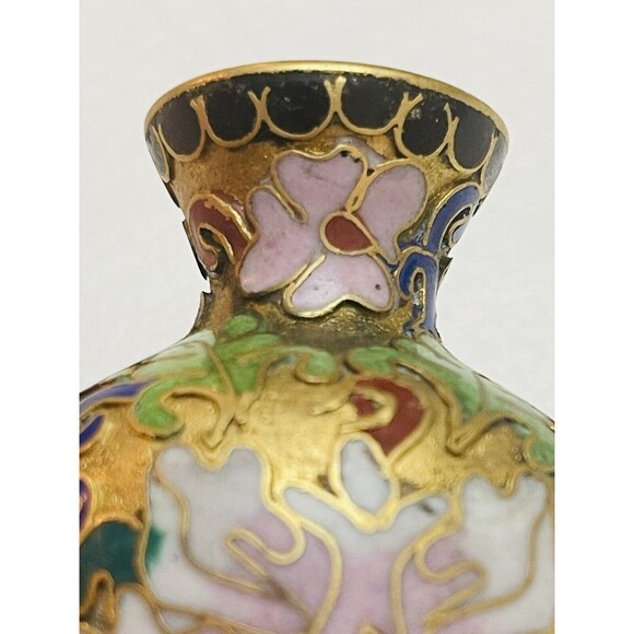 VTG Antique Chinese Cloisonne Enamel Brass Bud Vase Miniature 3” Floral Lotus - Picture 6 of 12